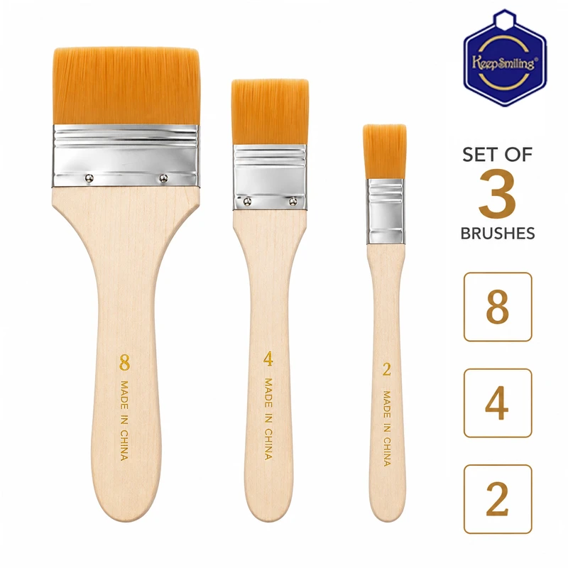 Keep Smiling Nylon Hair Wide & Thin Brushes Comfortable Wooden Handles For Paint Base Gesso Pack or 3 Brushes (Q59-8)